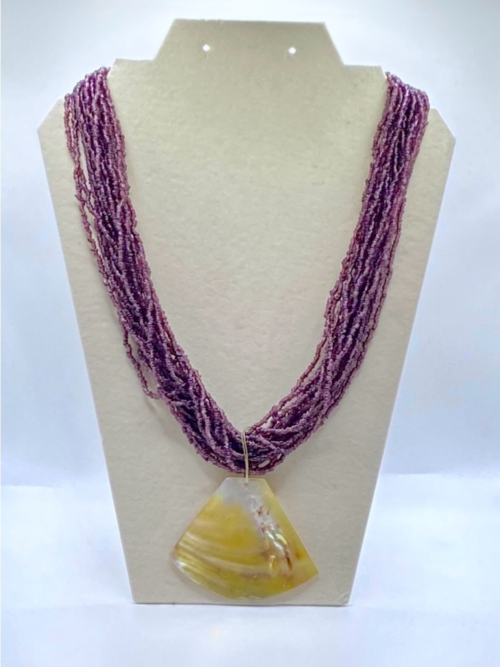 Multi Strand Purple Seed Bead Statement Necklace Translucent Fan Pendant Boho